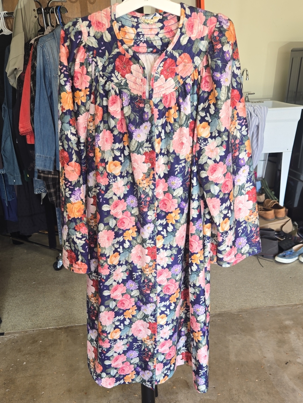 Floral Button-Front Tunic Night Dress in Navy with Pink & Orange Blooms M/L